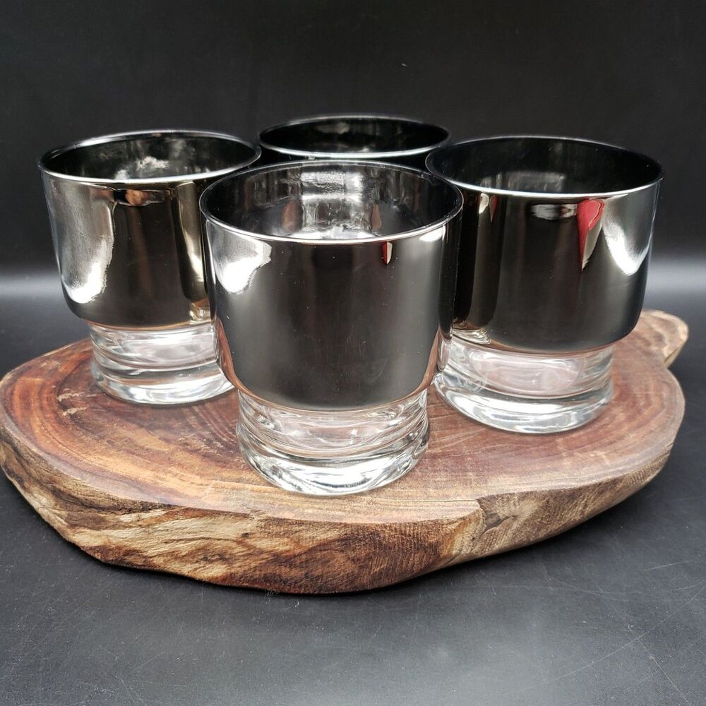 Vintage MCM Silver Fade Stackable Glasses Set of 4 Mercury Ombre Barware Lowball